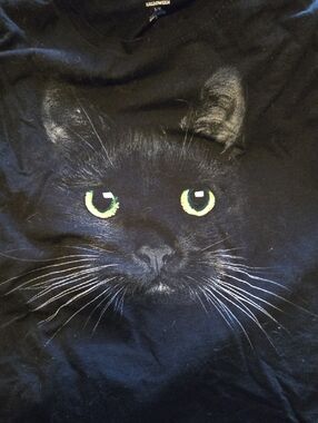 Halloween Black Cat Graphic Tee with Green Eyes